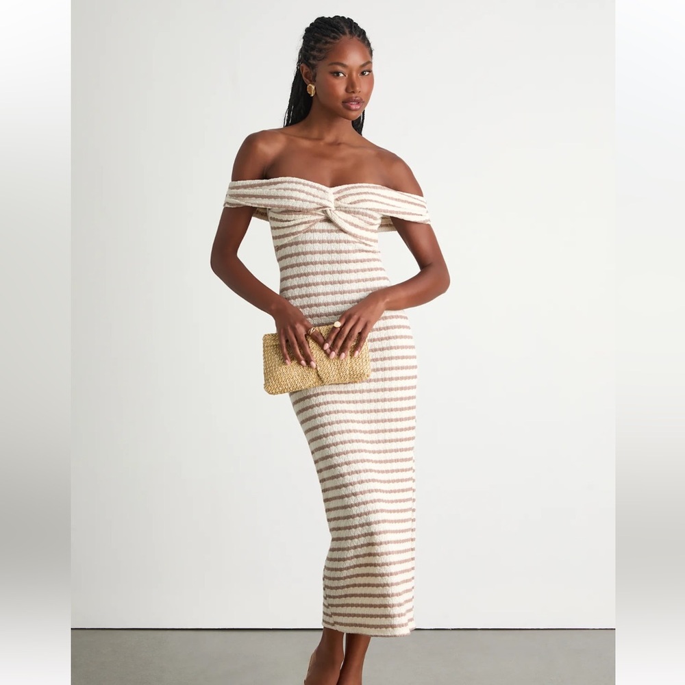 NWT Lulus Baia Ivory and Taupe Striped Off-the-Shoulder Midi Dress | Size L